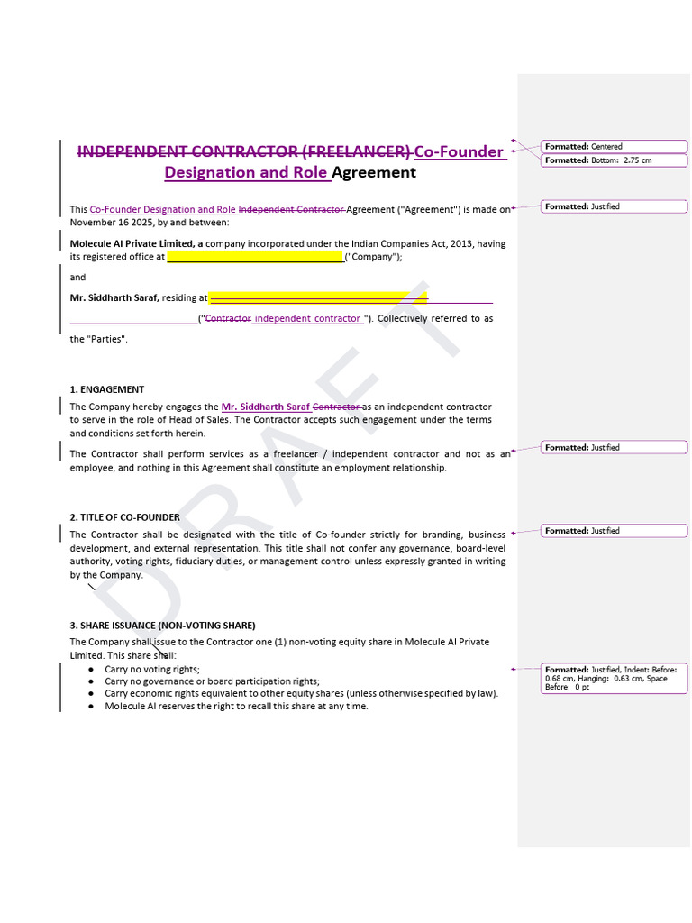 Co Founder Designation and Role Agreement | PDF | Employment | Breach ...