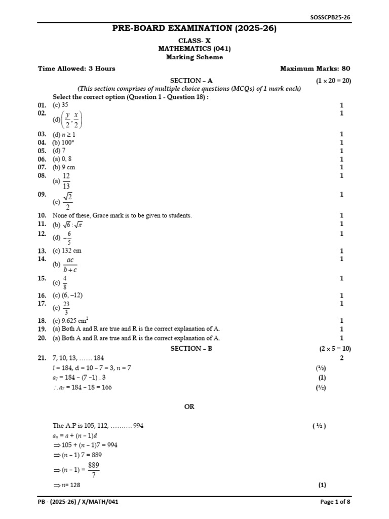Class X Mathematics Pre-Board Exam 2025-26 | PDF | Circle | Multiple Choice