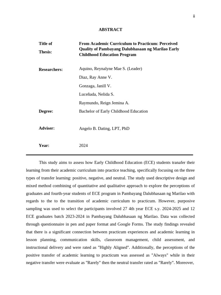 Quality of ECE Curriculum to Practicum Transfer | PDF | Early Childhood ...