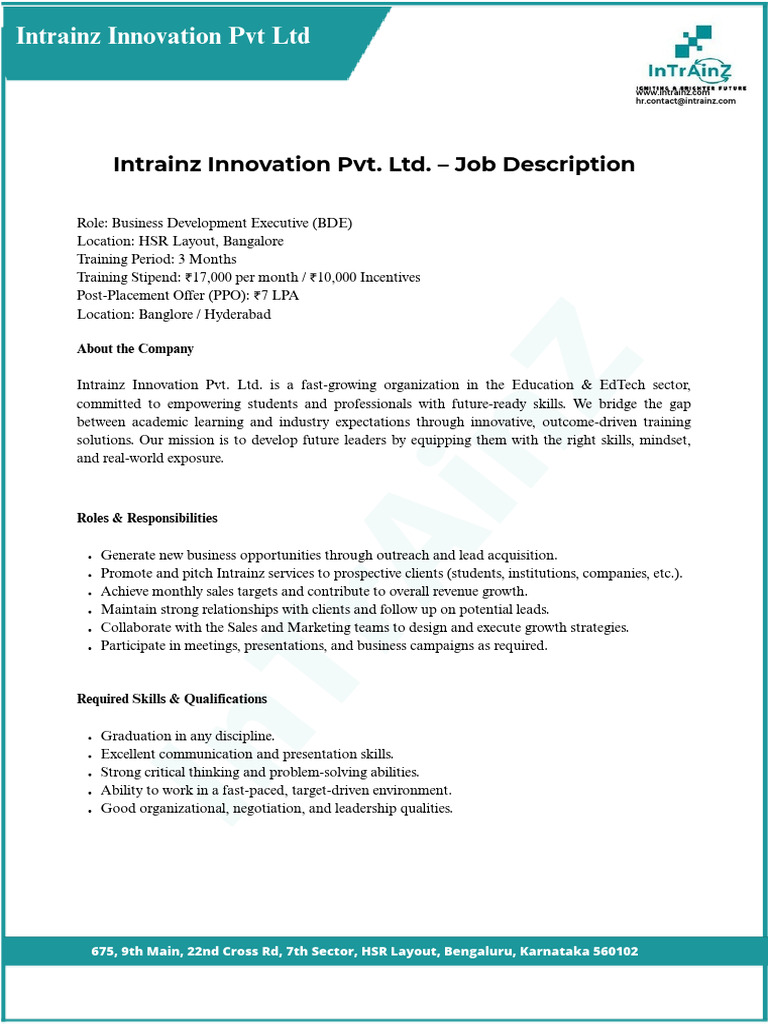 Business Development Executive Role at Intrainz | PDF