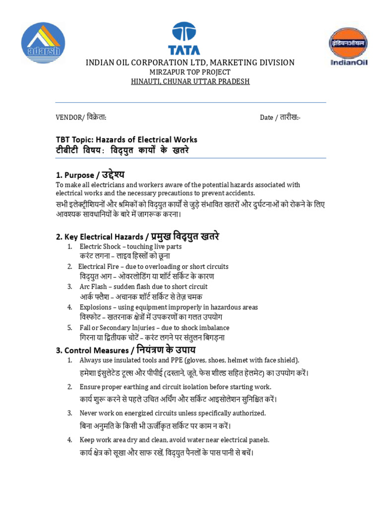 2.TBT Hazards of Electrical Works Bilingual | PDF