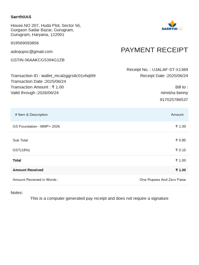 SarrthiIAS Payment Receipt Details | PDF