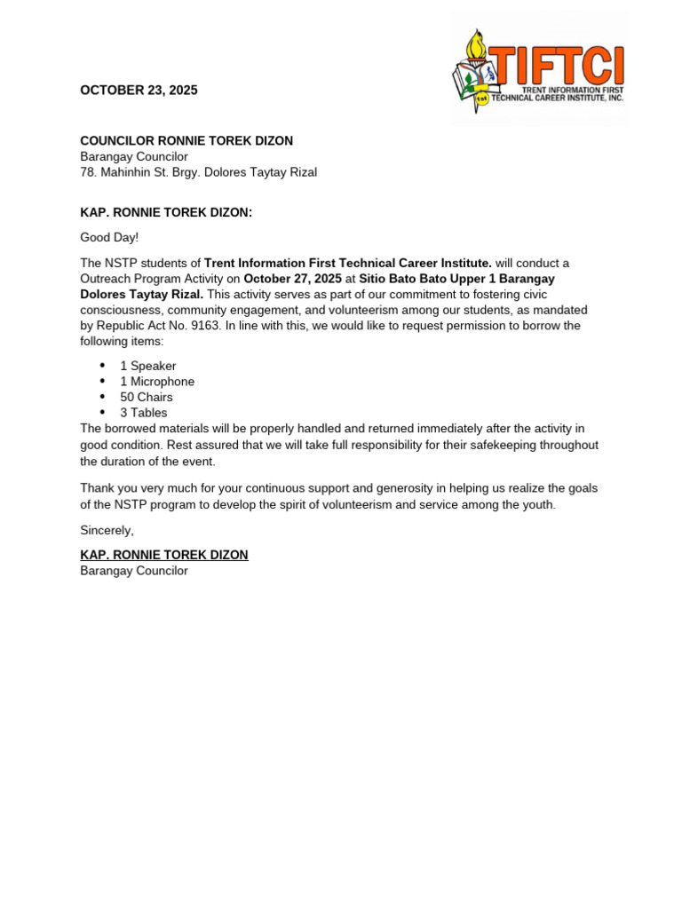 NSTP Outreach Program Request Letter | PDF