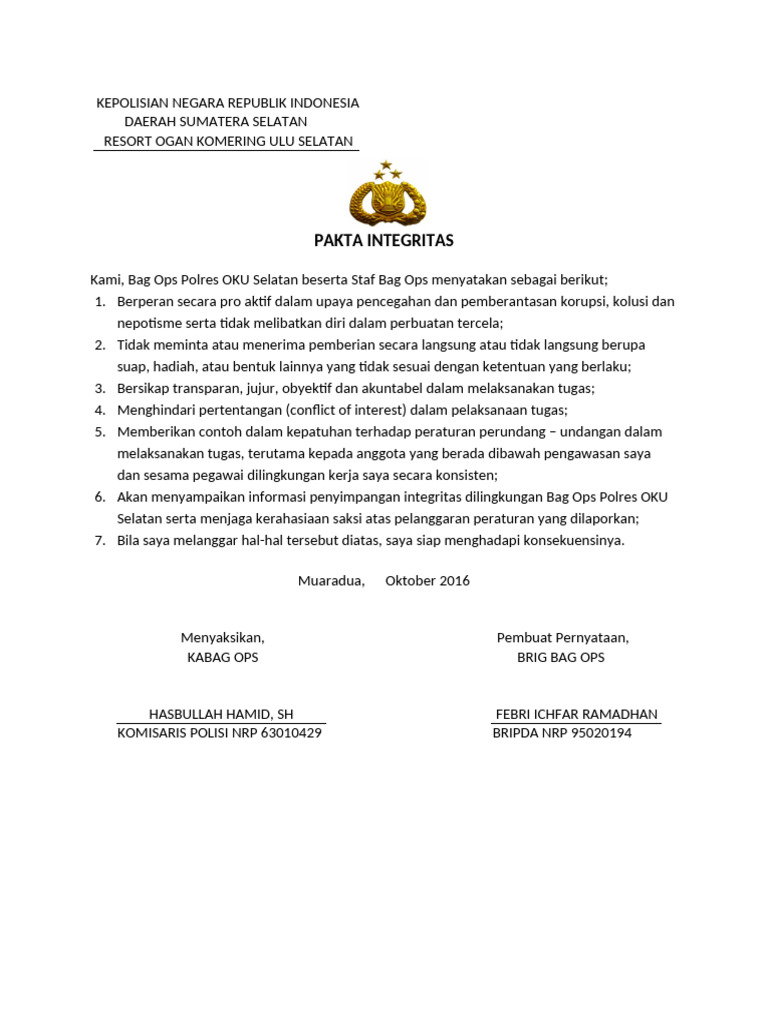 Pakta Integritas Bag Ops | PDF