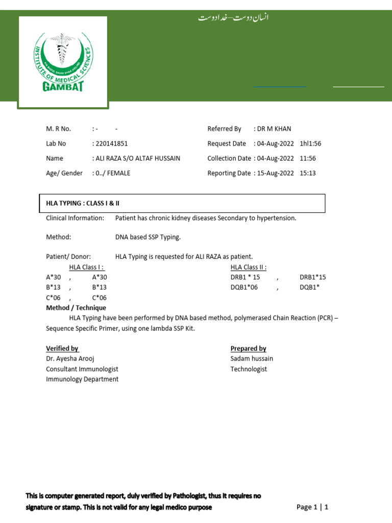 HLA Typing Report for Ali Raza | PDF