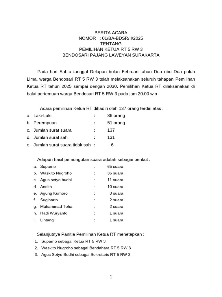 Pemilihan Ketua RT 5 RW 3 Bendosari 2025 | PDF
