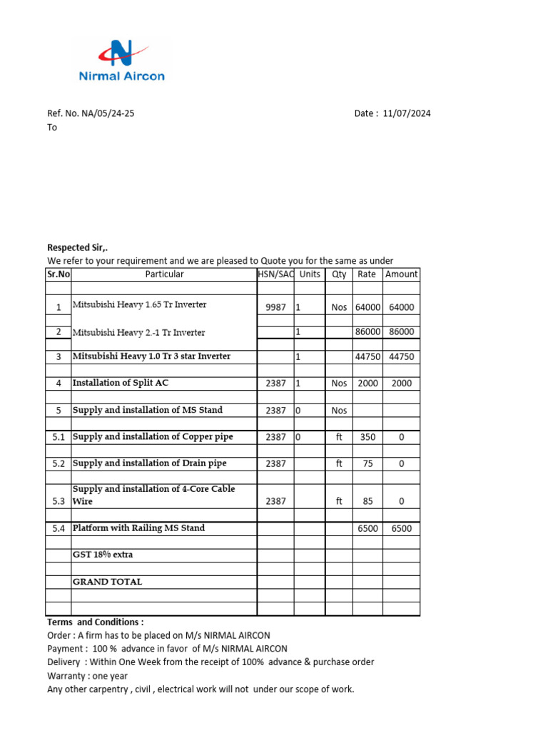 Split AC Quotation for Architect Desai | PDF