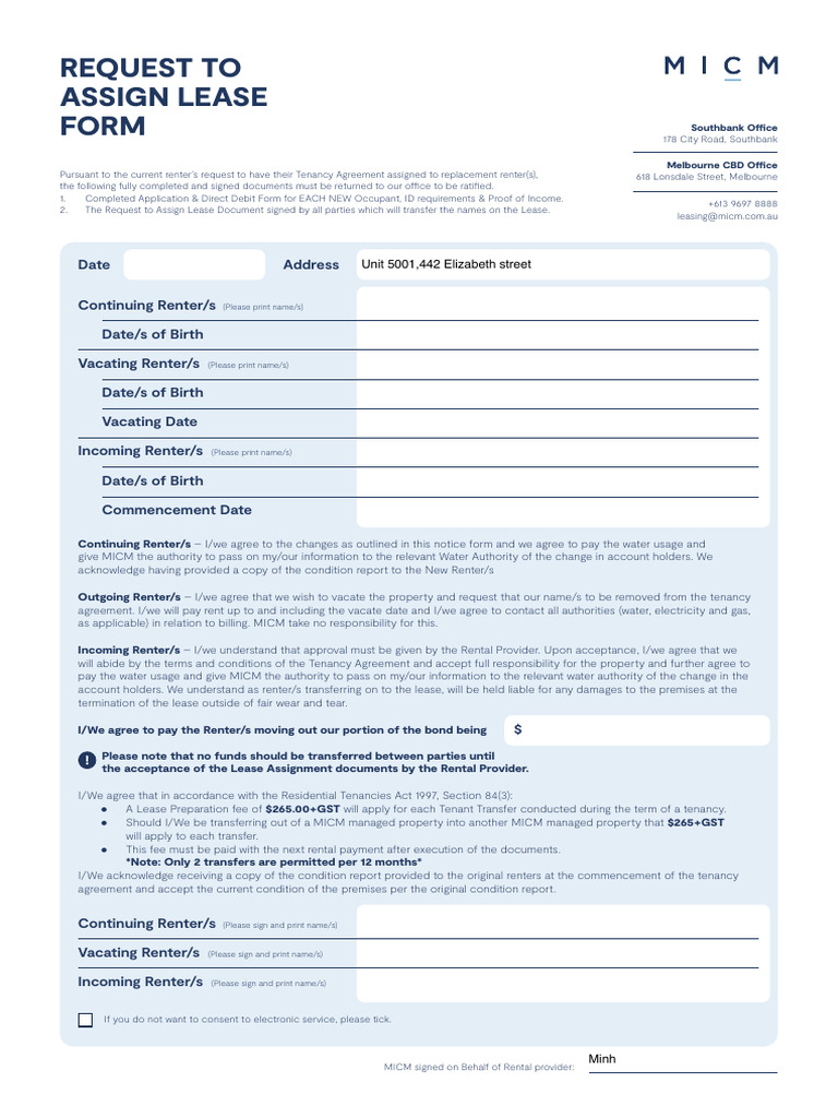 MICM 20 - 20lease 20assignment 20form | PDF | Lease | Renting