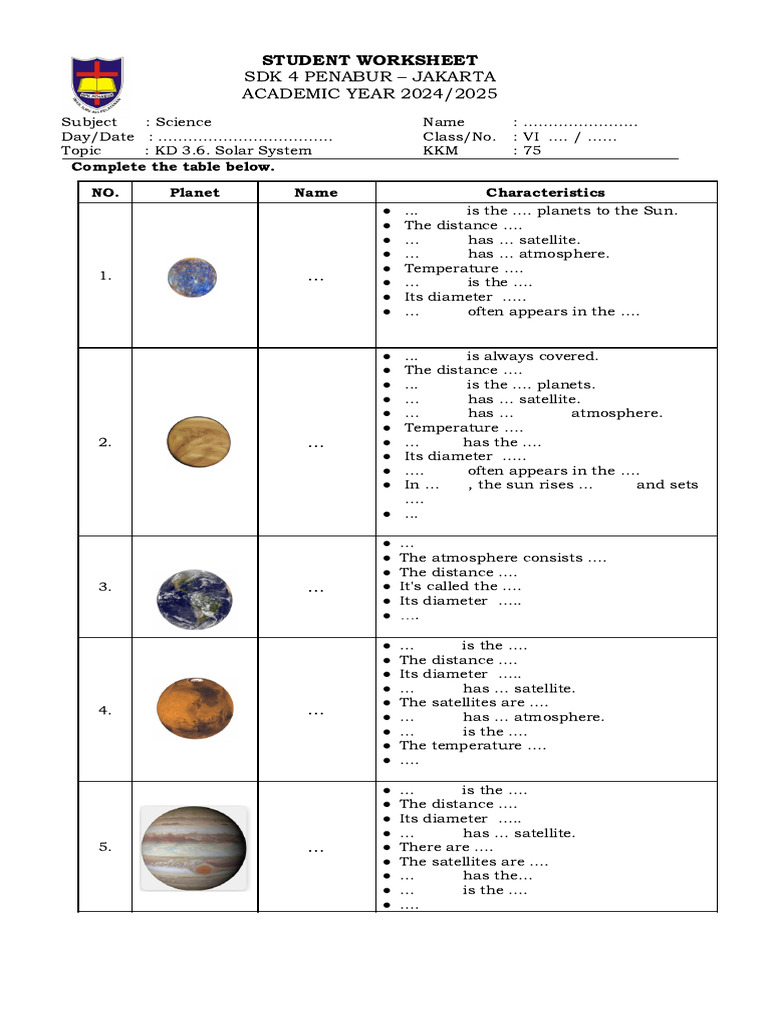 1.WS Science Solar System Wednesday, January 8th, 2025 | PDF ...