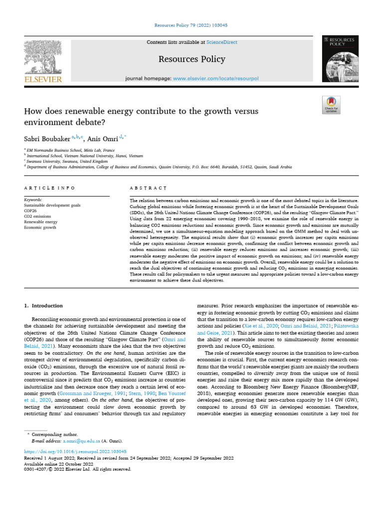 Renewable Energy's Impact on Growth and Emissions | PDF | Economic ...