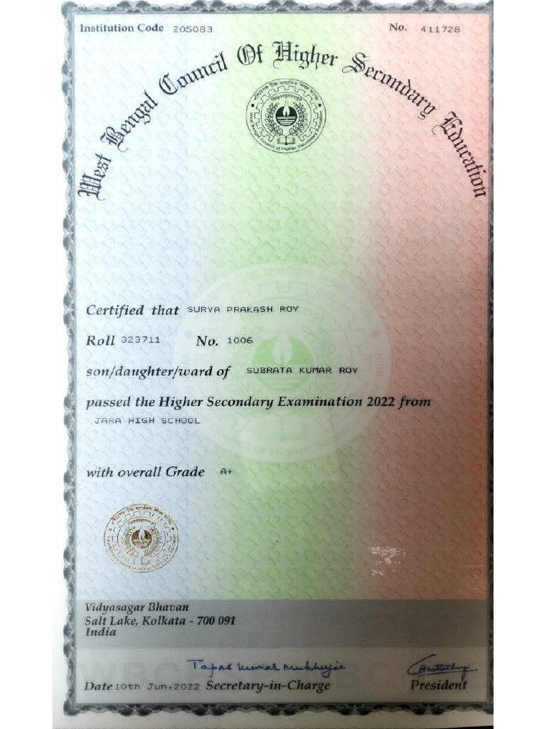 S.P Roy HS Certificate | PDF