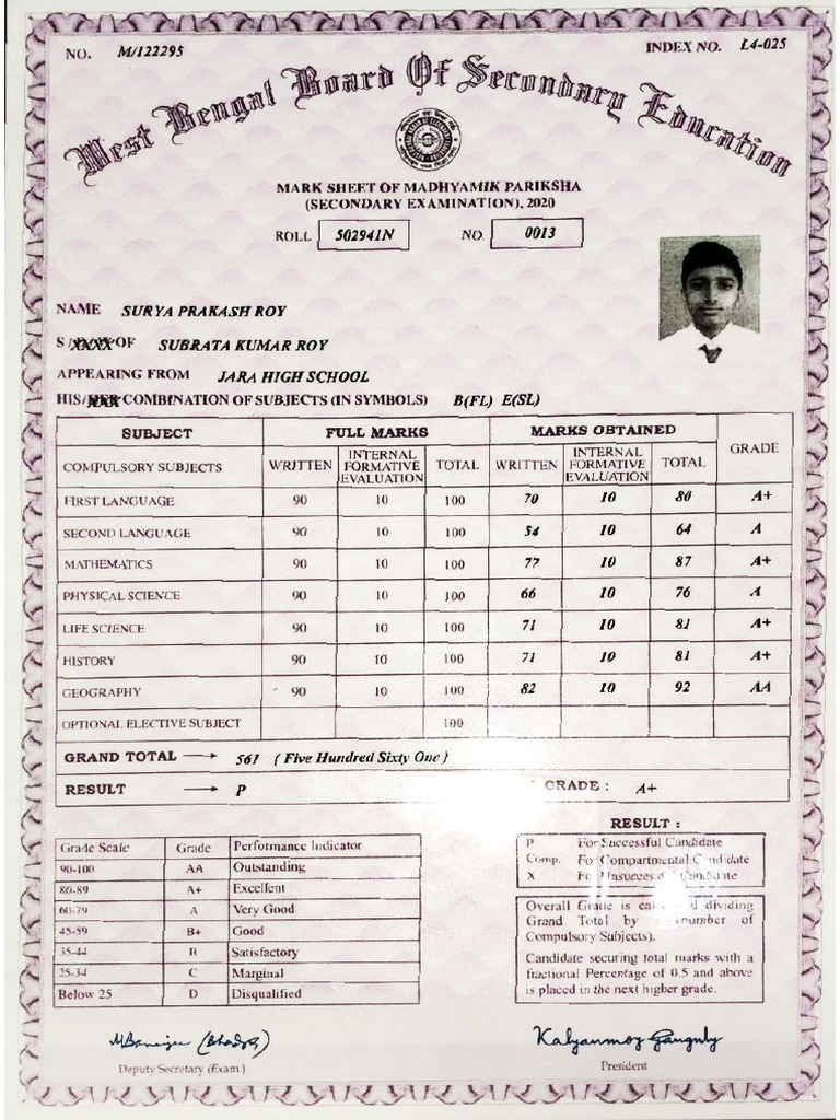 S.P Roy Matric Marksheet | PDF
