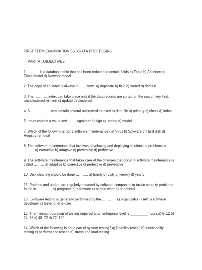 SS3 Data Processing Exam Questions | PDF | Database Index | Software ...