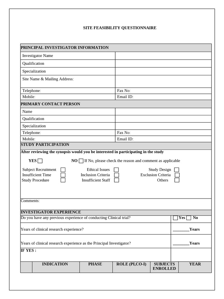Site Feasibility Questionnaire for Clinical Trials | PDF ...