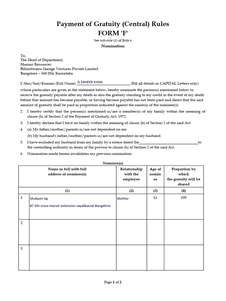Gratuity Nomination Form 'F' Guidelines | PDF