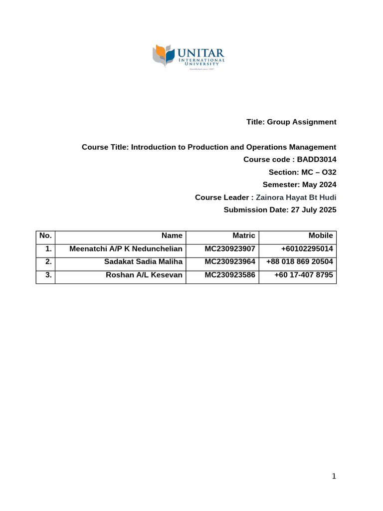 Group Assignment: Production Management | PDF
