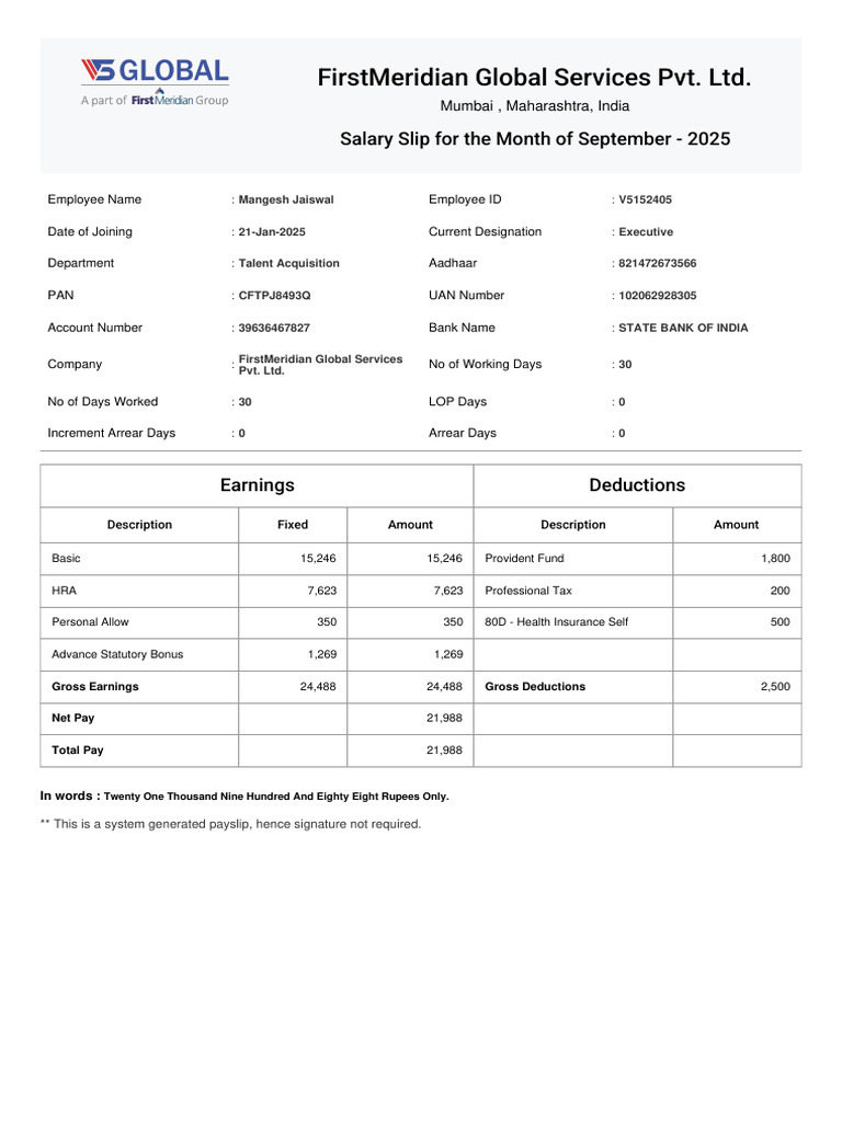 September 2025 Salary Slip - Mangesh Jaiswal | PDF