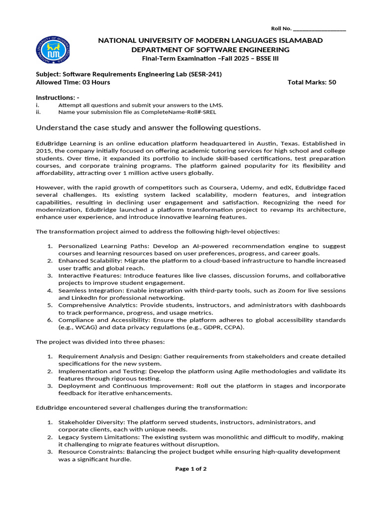 Software Requirements Engineering Exam 2025 | PDF | Software Testing ...