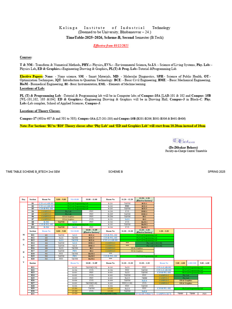 B.Tech 2nd Semester Timetable 2025-26 | PDF | Engineering | Physical ...
