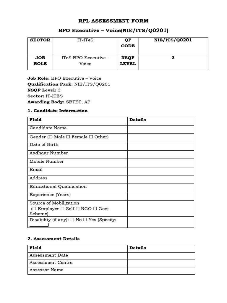 RPL Assessment Form for BPO Executive | PDF
