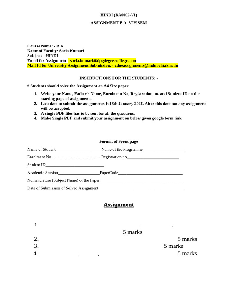 B.A. 6th Sem Hindi Assignment Guidelines | PDF