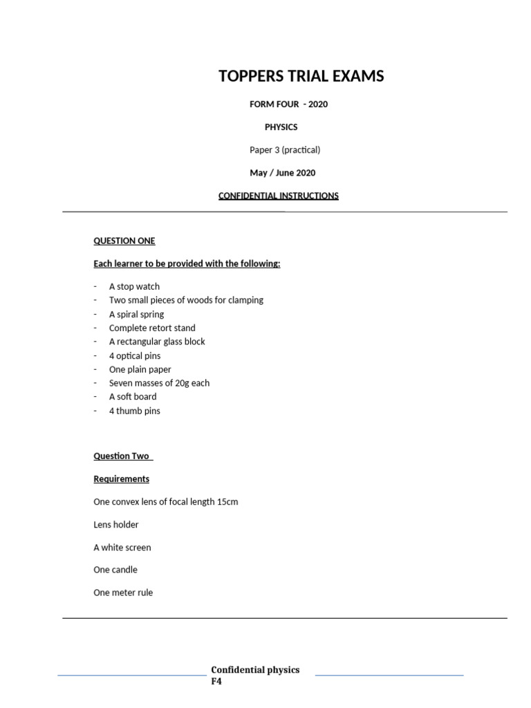2020 Form Four Physics Practical Exam | PDF