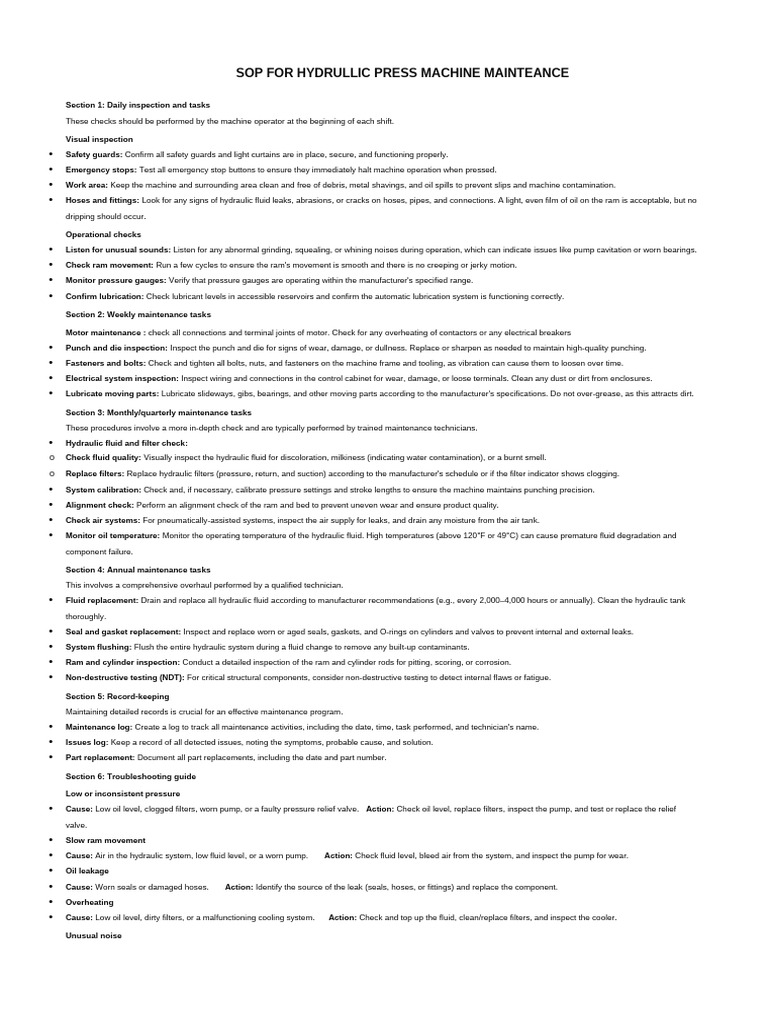 Hydraulic Press Maintenance SOP Guide | PDF | Pump | Leak