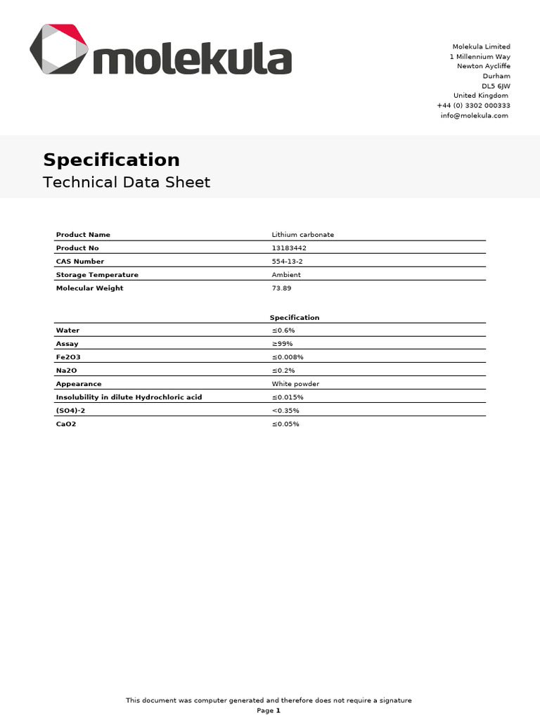 Specification - (13183442) Lithium Carbonate (554!13!2) | PDF