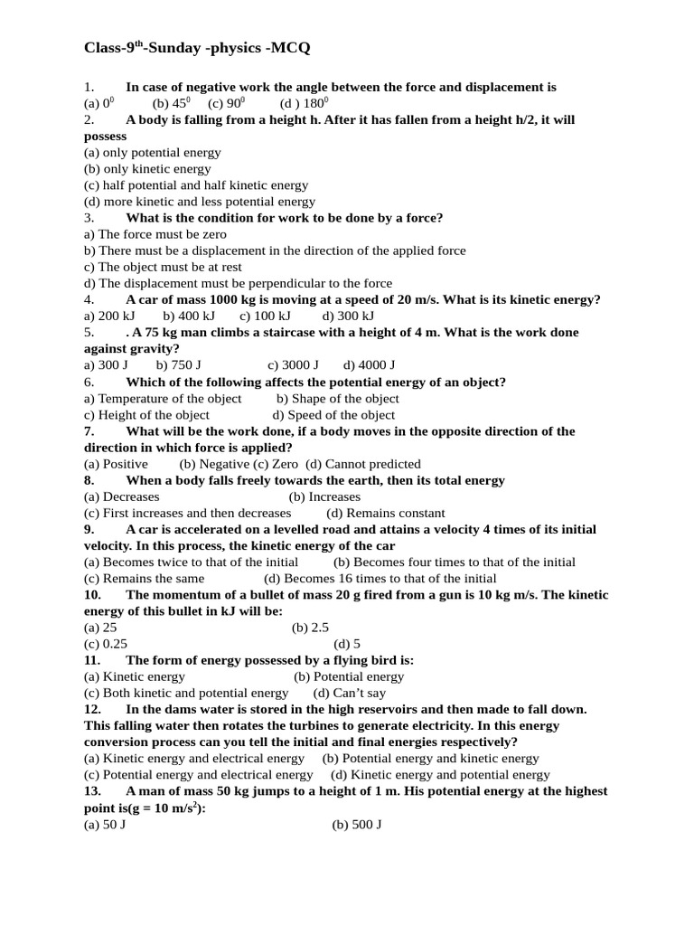 Class 9th Sunday Physics MCQ | PDF | Kinetic Energy | Force
