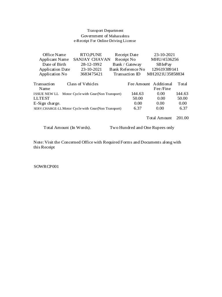 Maharashtra Online Driving License Receipt | PDF