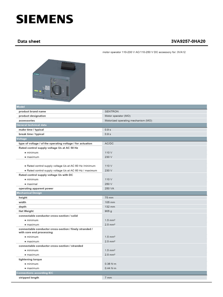 Siemens 3VA9257 Motor Operator Data Sheet | PDF | Alternating Current ...