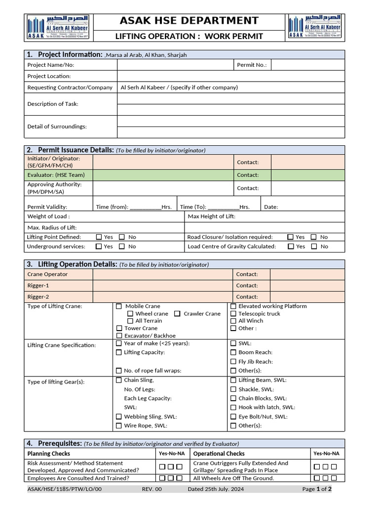 Lifting Operation Work Permit Template | PDF | Crane (Machine) | Heavy ...