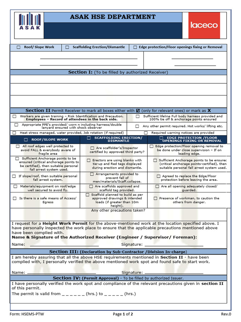 Work at Height Safety Permit Form | PDF | Scaffolding | Workplace