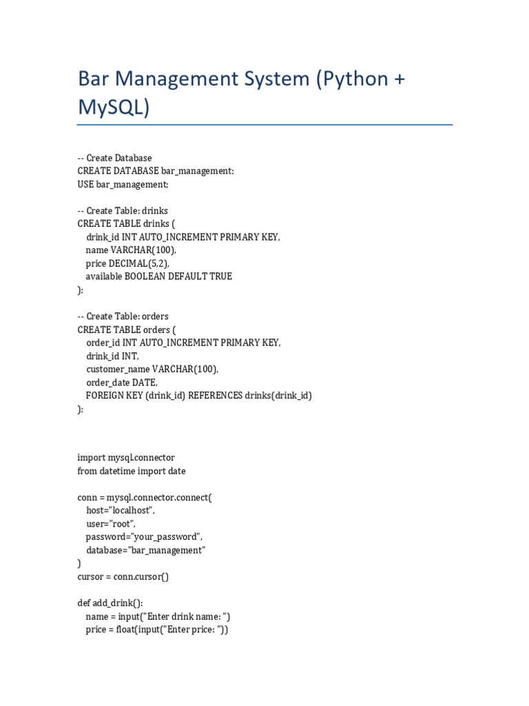 Bar Management Project Final Realistic Outputs | PDF