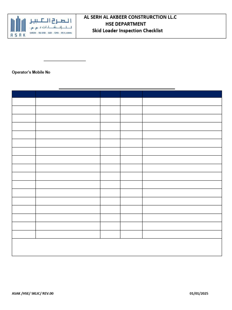 Skid Loader Inspection Checklist Guide | PDF