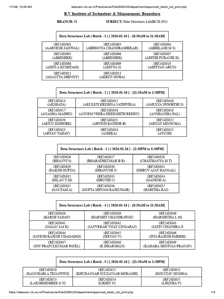Data Structures Lab Batch Schedule 2026 | PDF