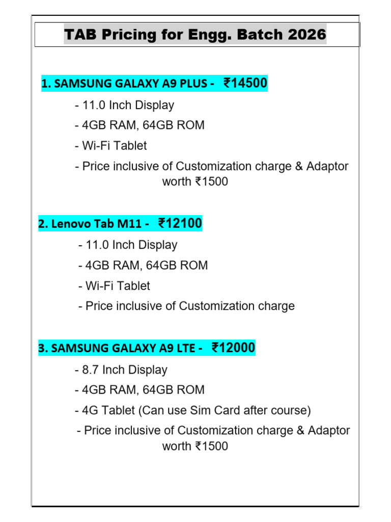 TAB Pricing & Customization Guide 2026 | PDF