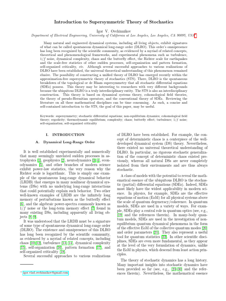 Introduction To Supersymmetric Theory of Stochastics | PDF | Stochastic ...