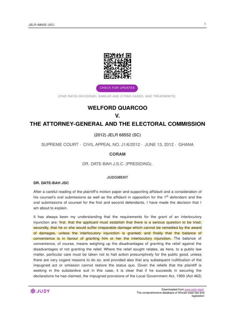 Welford Quarcoo v. Attorney-General Case Summary | PDF | Injunction ...