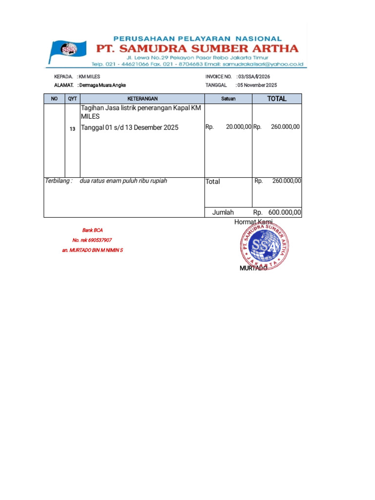 Invoice Jasa Listrik Kapal KM MILES | PDF
