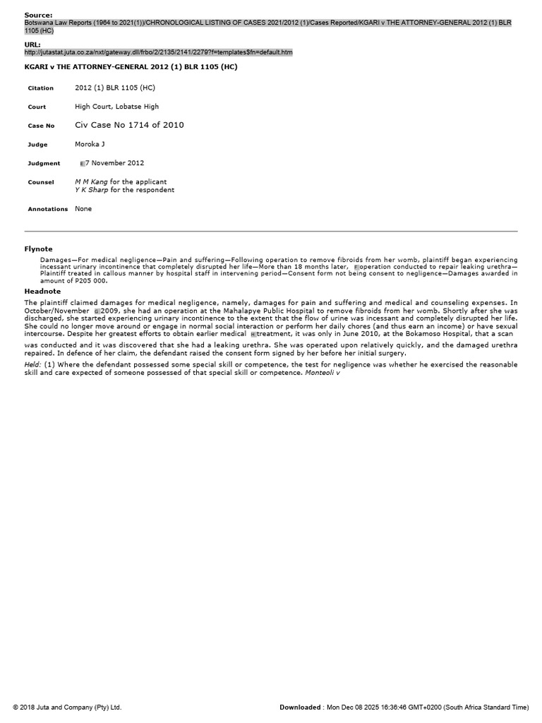KGARI V THE ATTORNEY-GENERAL 2012 (1) BLR 1105 (HC) | PDF | Negligence ...