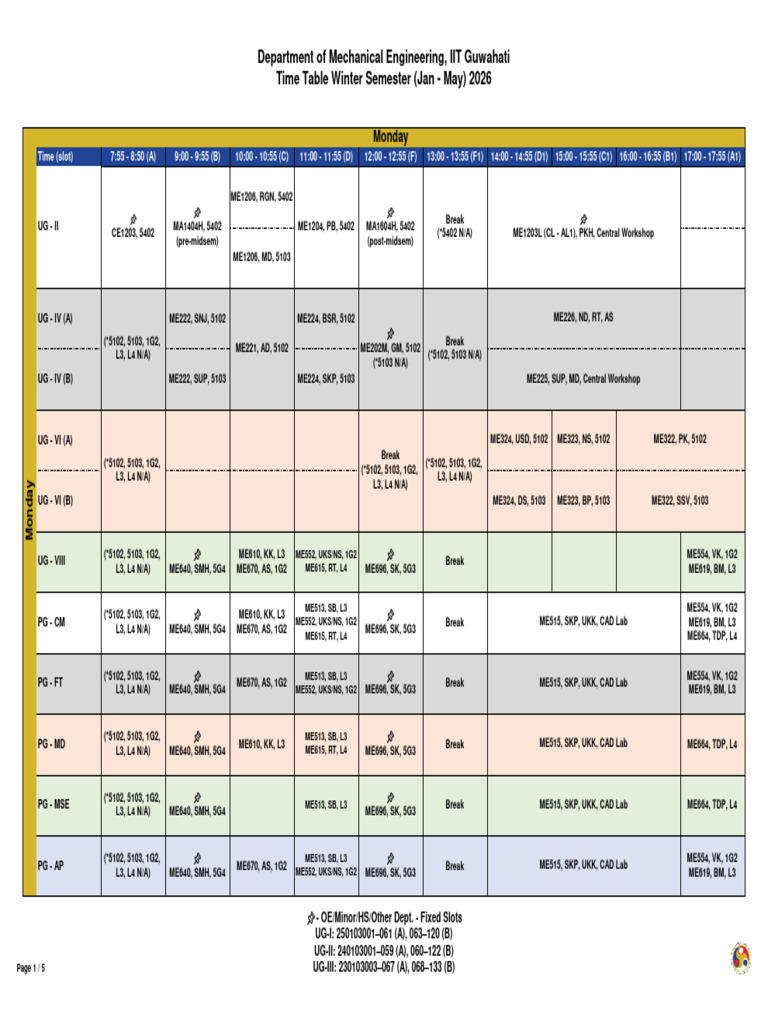 IIT Guwahati Mechanical Engineering Timetable | PDF