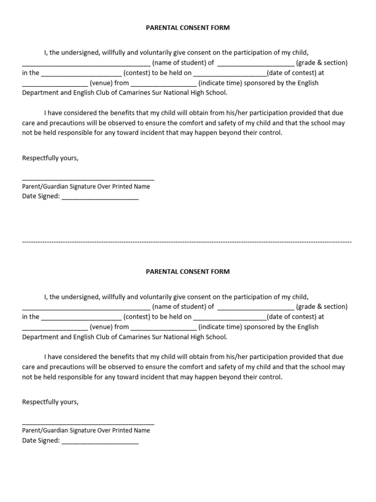 Parental Consent Form for School Contest | PDF