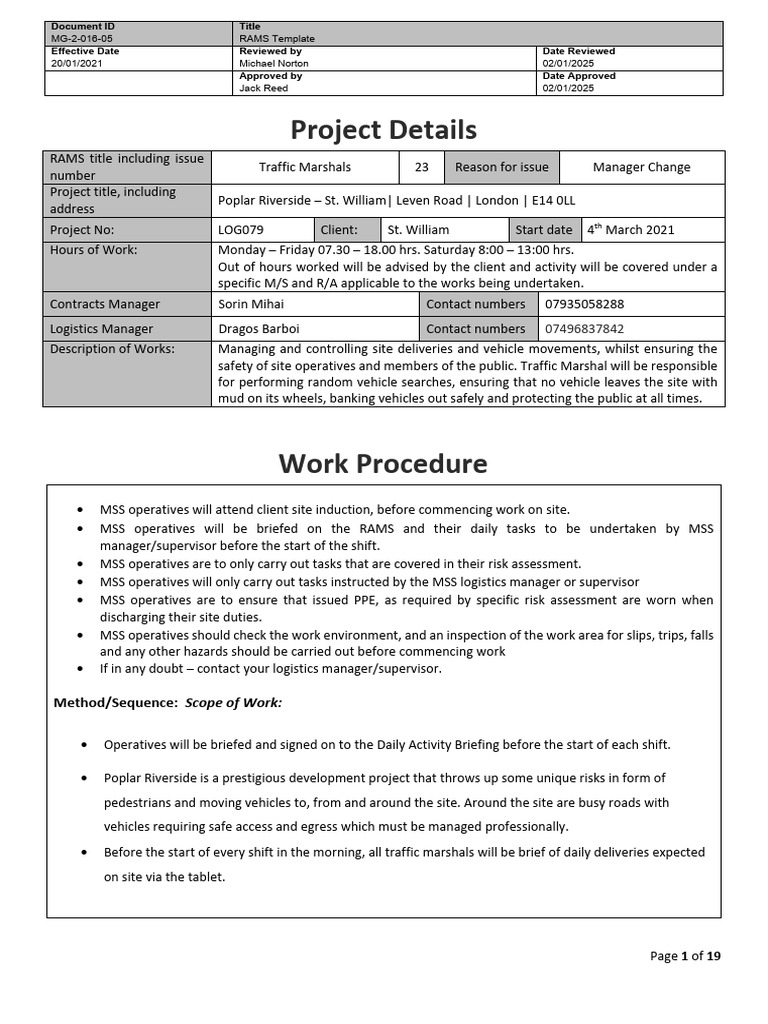 Traffic Marshals RAMS Template Guide | PDF | Traffic | Personal ...