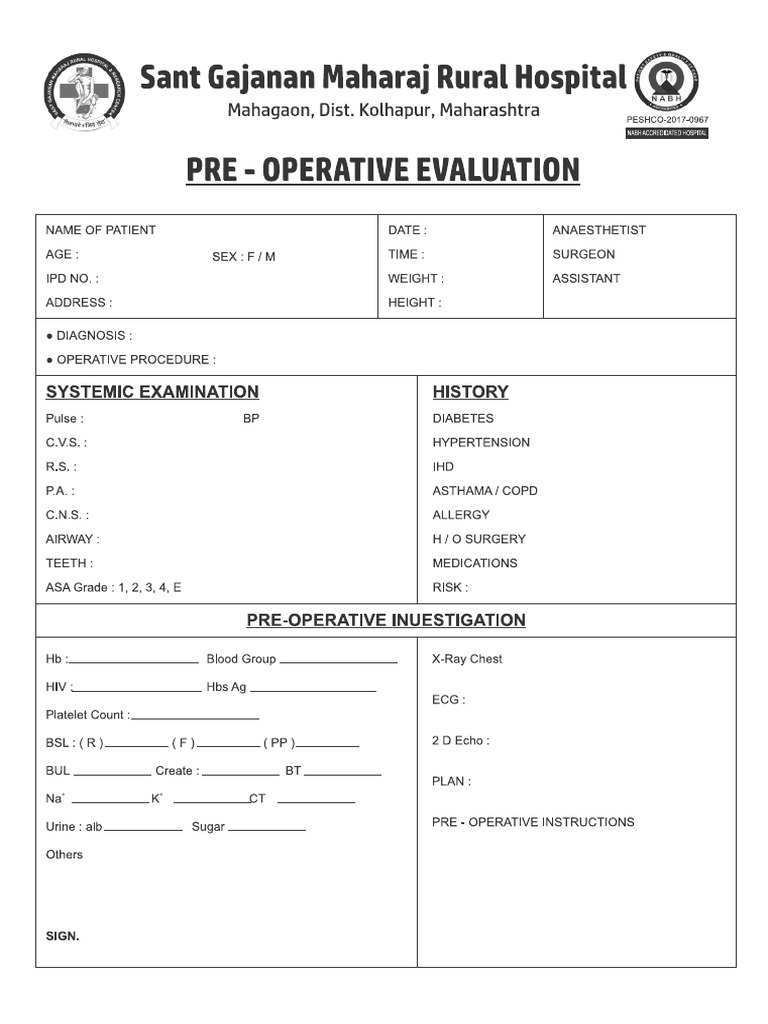 Pre - Operative Evaluation | PDF