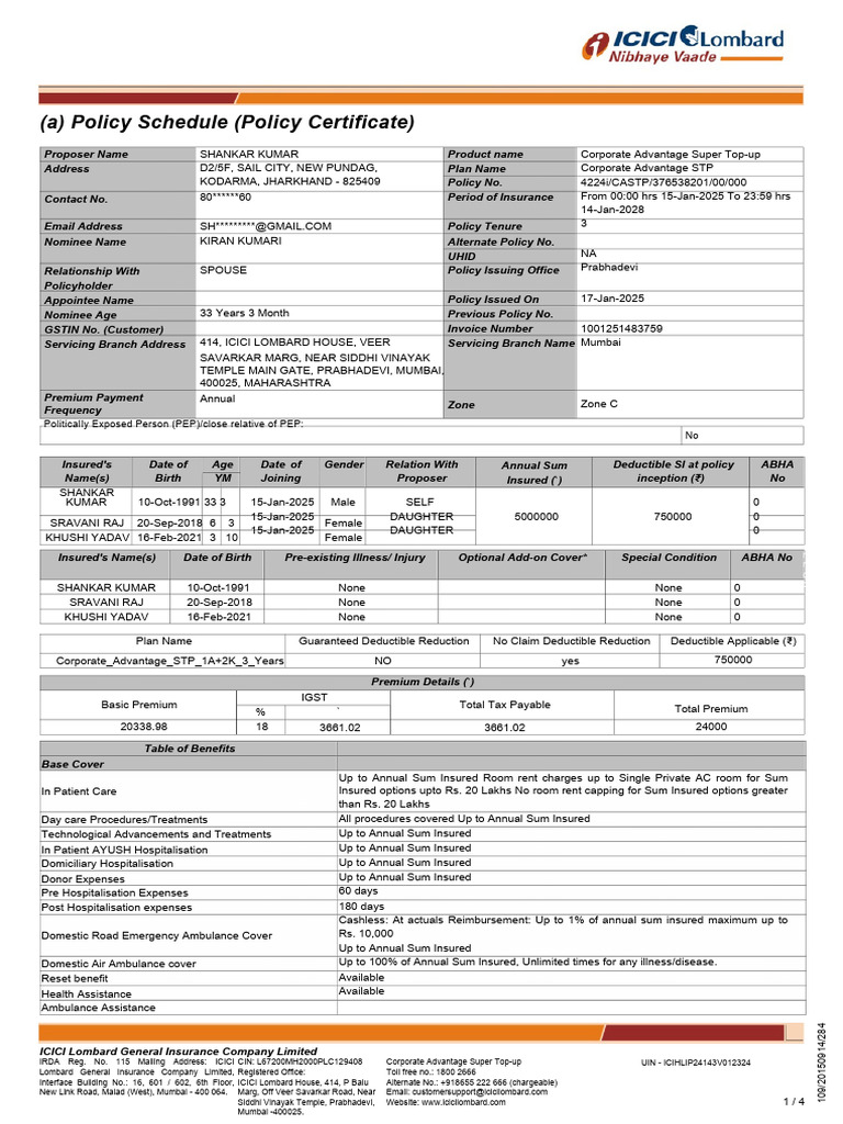 ICICI Lombard Corporate Advantage Policy | PDF | Insurance | Deductible