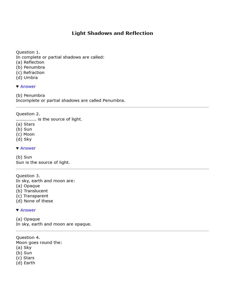 Light Shadows and Reflection Mcqs | PDF | Light | Shadow