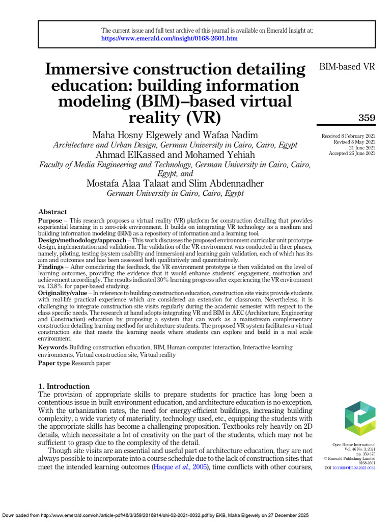 VR and BIM for Construction Education | PDF | Usability | Virtual Reality