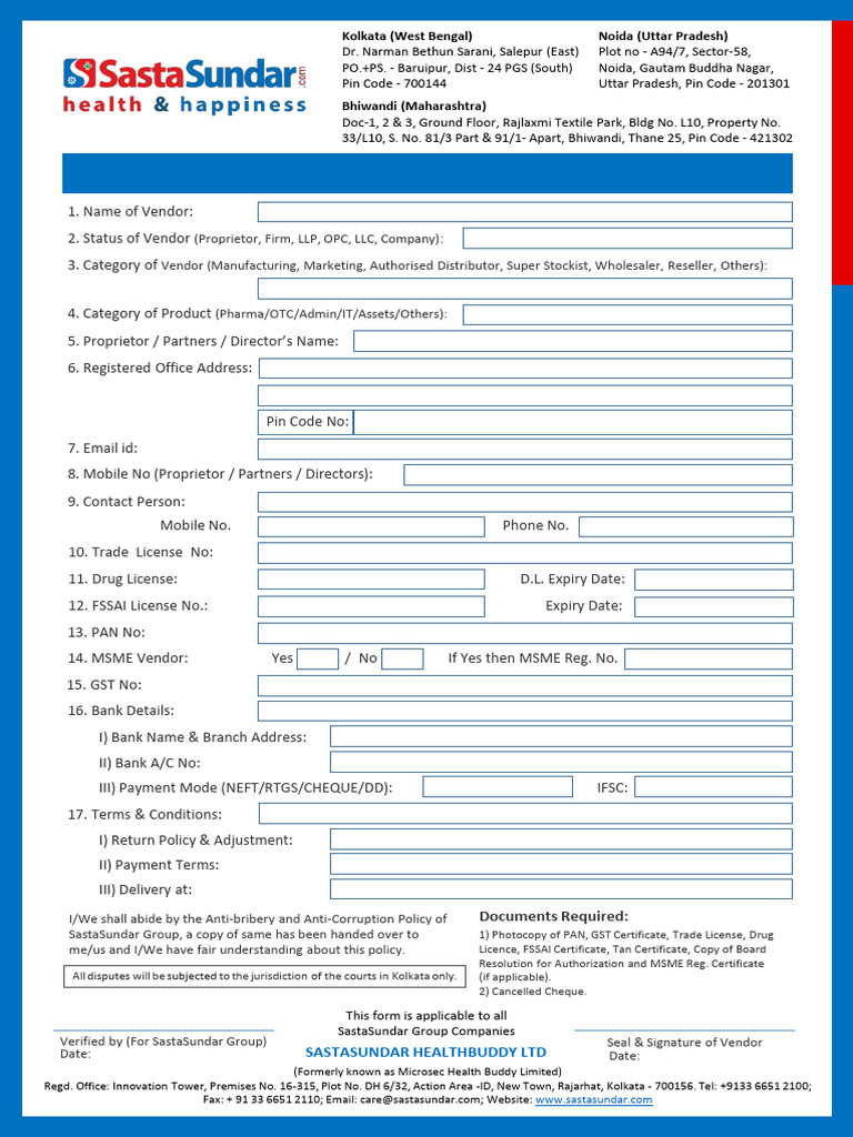 SastaSundar Vendor Empanelment Form Fillable 1 | PDF