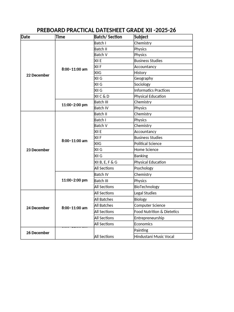 Grade XII Preboard Datesheet 2025-26 | PDF